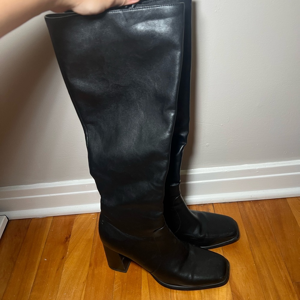 Black Leather Women's Tall Heel Boots - Picture 3 of 7
